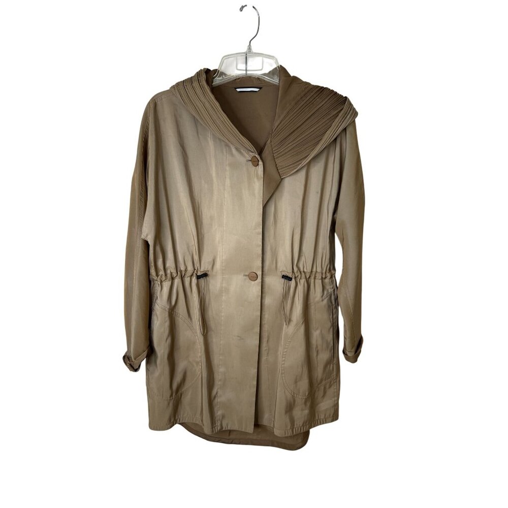 Mycra Pac S Hooded Travel Jacket Tan Beige Drawstring Waist Reversible Rain Coat